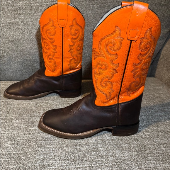 Old West BoysSix Row Stitch Western Orange and Rich Brown Cowboy Boots Size 6.0D - Picture 9 of 9